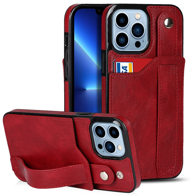 Crazy Horse Texture Shockproof TPU + PU Leather Case with Card Slot & Wrist Strap Holder For iPhone 13 Pro Max(Red)-garmade.com