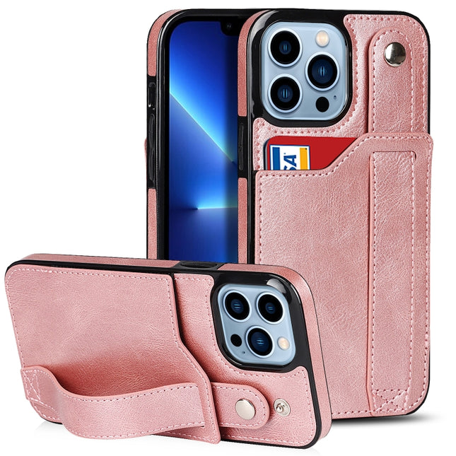 Crazy Horse Texture Shockproof TPU + PU Leather Case with Card Slot & Wrist Strap Holder For iPhone 13 Pro Max(Rose Gold)-garmade.com