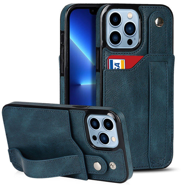 Crazy Horse Texture Shockproof TPU + PU Leather Case with Card Slot & Wrist Strap Holder For iPhone 13 Pro Max(Sapphire Blue)-garmade.com