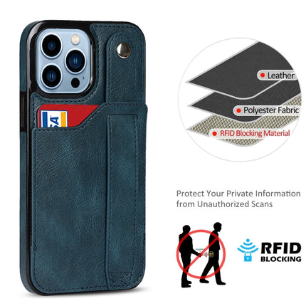 Crazy Horse Texture Shockproof TPU + PU Leather Case with Card Slot & Wrist Strap Holder For iPhone 13 Pro Max(Sapphire Blue)-garmade.com