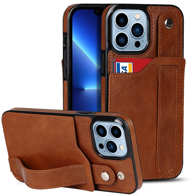 Crazy Horse Texture Shockproof TPU + PU Leather Case with Card Slot & Wrist Strap Holder For iPhone 13 Pro Max(Brown)-garmade.com