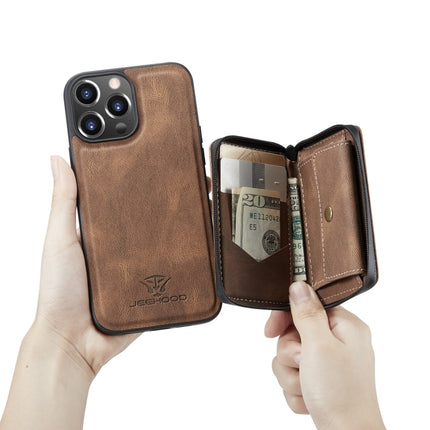 JEEHOOD Magnetic Zipper Horizontal Flip Leather Case with Holder & Card Slot & Wallet For iPhone 13 Pro(Brown)-garmade.com