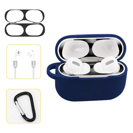 For AirPods Pro Silicone Wireless Earphone Protective Case Storage Box with Hook & Anti-drop Rope(Blue+Black Inner Sticker)-garmade.com