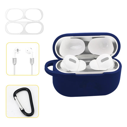 For AirPods Pro Silicone Wireless Earphone Protective Case Storage Box with Hook & Anti-drop Rope(Blue+Silver Inner Sticker)-garmade.com
