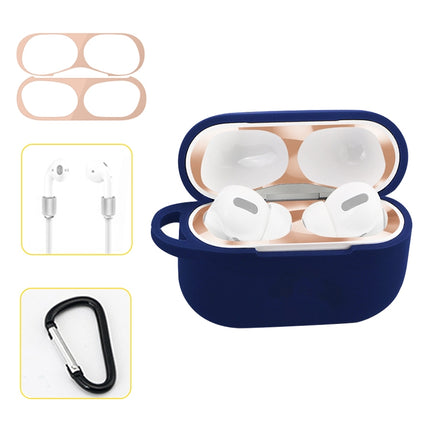 For AirPods Pro Silicone Wireless Earphone Protective Case Storage Box with Hook & Anti-drop Rope(Blue+Blush Gold Inner Sticker)-garmade.com