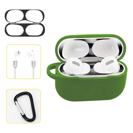 For AirPods Pro Silicone Wireless Earphone Protective Case Storage Box with Hook & Anti-drop Rope(Green+Black Inner Sticker)-garmade.com