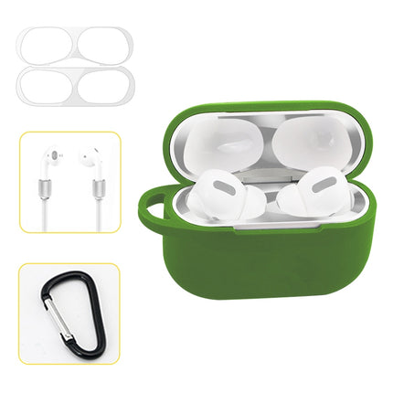For AirPods Pro Silicone Wireless Earphone Protective Case Storage Box with Hook & Anti-drop Rope(Green+Silver Inner Sticker)-garmade.com