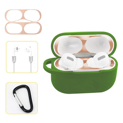 For AirPods Pro Silicone Wireless Earphone Protective Case Storage Box with Hook & Anti-drop Rope(Green+Blush Gold Inner Sticker)-garmade.com