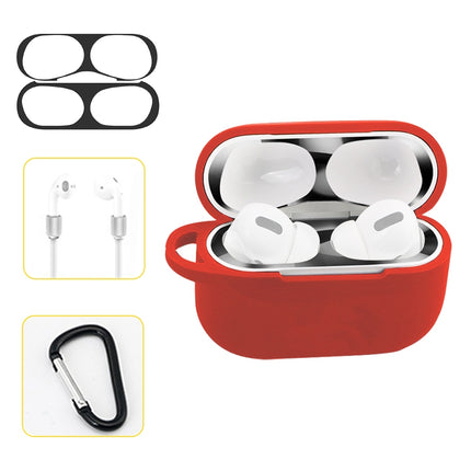 For AirPods Pro Silicone Wireless Earphone Protective Case Storage Box with Hook & Anti-drop Rope(Red+Black Inner Sticker)-garmade.com
