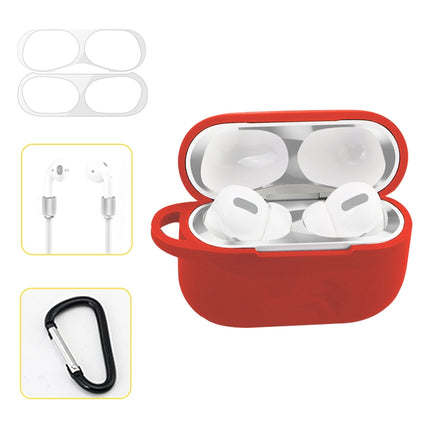 For AirPods Pro Silicone Wireless Earphone Protective Case Storage Box with Hook & Anti-drop Rope(Red+Silver Inner Sticker)-garmade.com
