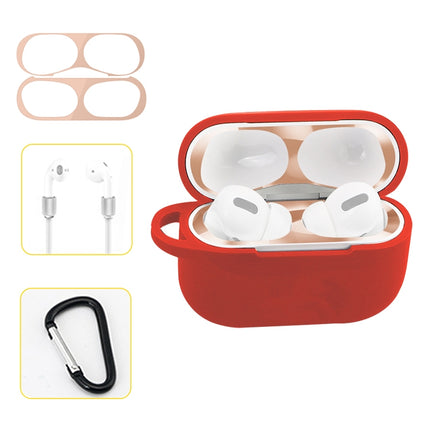 For AirPods Pro Silicone Wireless Earphone Protective Case Storage Box with Hook & Anti-drop Rope(Red+Blush Gold Inner Sticker)-garmade.com