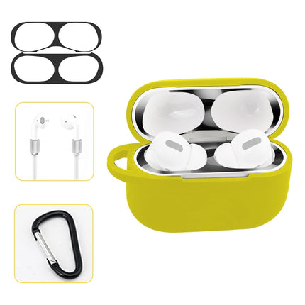 For AirPods Pro Silicone Wireless Earphone Protective Case Storage Box with Hook & Anti-drop Rope(Yellow+Black Inner Sticker)-garmade.com