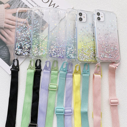 Gradient Glitter Powder Epoxy TPU Thickened Acrylic Shockproof Case with Wide Neck Lanyard For iPhone 13 mini(Purple)-garmade.com