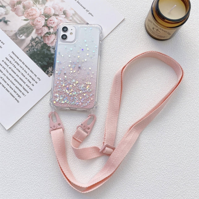 Gradient Glitter Powder Epoxy TPU Thickened Acrylic Shockproof Case with Wide Neck Lanyard For iPhone 13(Pink)-garmade.com