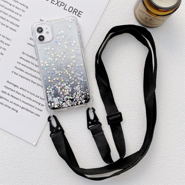 Gradient Glitter Powder Epoxy TPU Thickened Acrylic Shockproof Case with Wide Neck Lanyard For iPhone 13 Pro(Black)-garmade.com