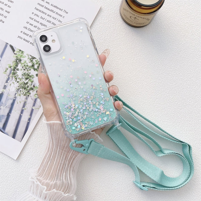 Gradient Glitter Powder Epoxy TPU Thickened Acrylic Shockproof Case with Wide Neck Lanyard For iPhone 13 Pro(Glacier Blue)-garmade.com