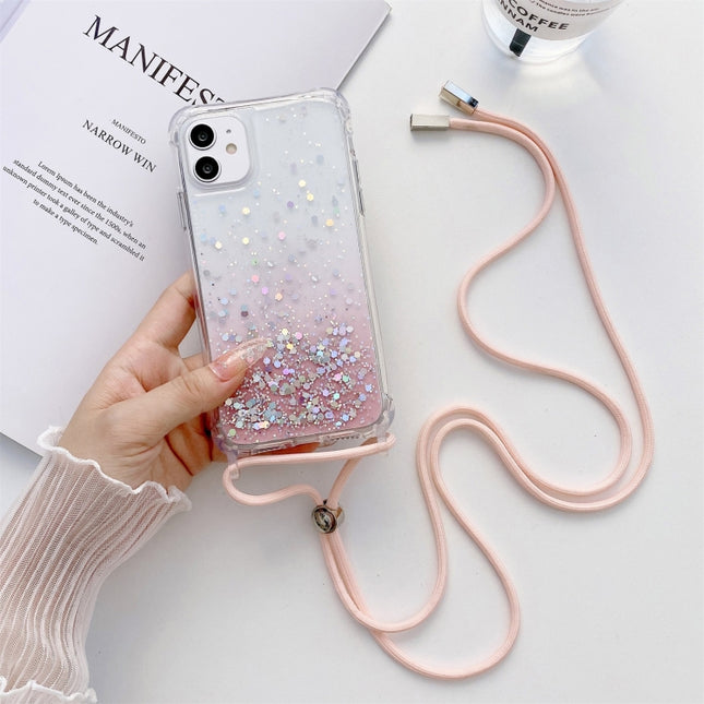 Gradient Glitter Powder Epoxy TPU Thickened Acrylic Shockproof Case with Round Neck Lanyard For iPhone 13 mini(Pink)-garmade.com