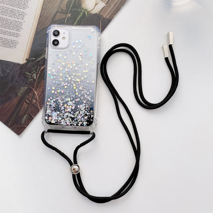 Gradient Glitter Powder Epoxy TPU Thickened Acrylic Shockproof Case with Round Neck Lanyard For iPhone 13(Black)-garmade.com