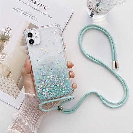 Gradient Glitter Powder Epoxy TPU Thickened Acrylic Shockproof Case with Round Neck Lanyard For iPhone 13(Glacier Blue)-garmade.com