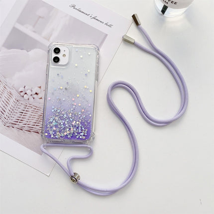 Gradient Glitter Powder Epoxy TPU Thickened Acrylic Shockproof Case with Round Neck Lanyard For iPhone 13(Purple)-garmade.com