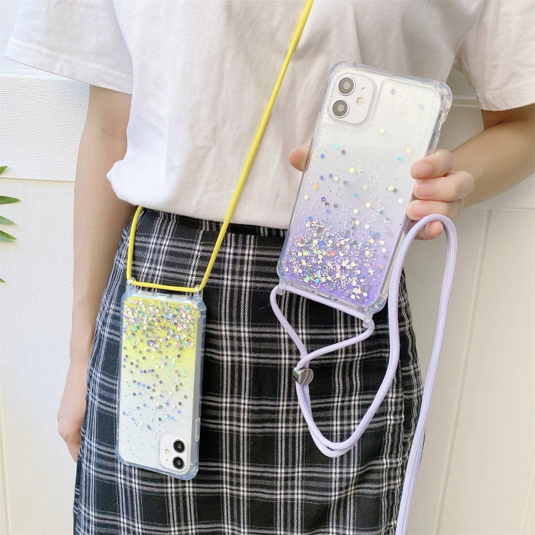 Gradient Glitter Powder Epoxy TPU Thickened Acrylic Shockproof Case with Round Neck Lanyard For iPhone 13(Pink)-garmade.com