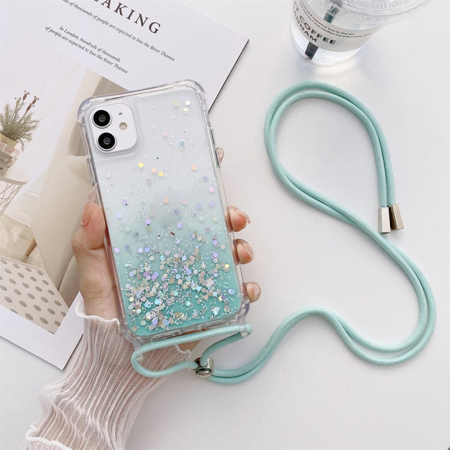 Gradient Glitter Powder Epoxy TPU Thickened Acrylic Shockproof Case with Round Neck Lanyard For iPhone 13 Pro(Glacier Blue)-garmade.com