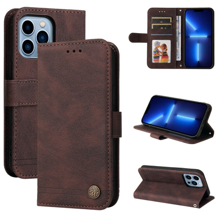 Skin Feel Life Tree Metal Button Horizontal Flip Leather Case with Holder & Card Slot & Wallet & Photo Frame & Strap For iPhone 13 Pro(Brown)-garmade.com