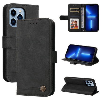 Skin Feel Life Tree Metal Button Horizontal Flip Leather Case with Holder & Card Slot & Wallet & Photo Frame & Strap For iPhone 13 Pro(Black)-garmade.com