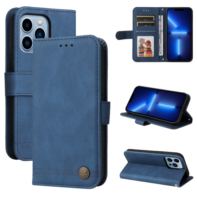 Skin Feel Life Tree Metal Button Horizontal Flip Leather Case with Holder & Card Slot & Wallet & Photo Frame & Strap For iPhone 13 Pro(Blue)-garmade.com