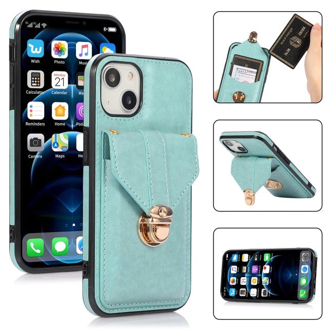 Fashion Buckle Protective Case with Holder & Card Slot & Wallet & Lanyard For iPhone 13 Pro(Green)-garmade.com