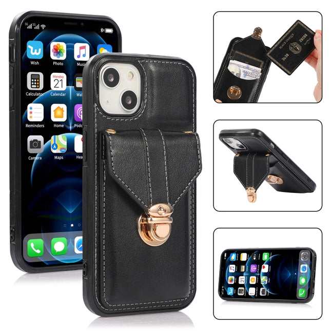 Fashion Buckle Protective Case with Holder & Card Slot & Wallet & Lanyard For iPhone 13 Pro(Black)-garmade.com