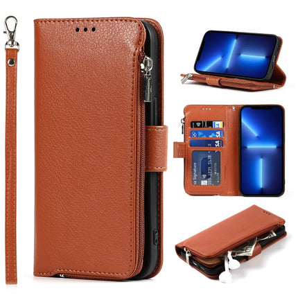 Microfiber Zipper Horizontal Flip Leather Case with Holder & Card Slots & Wallet For iPhone 13 mini(Brown)-garmade.com