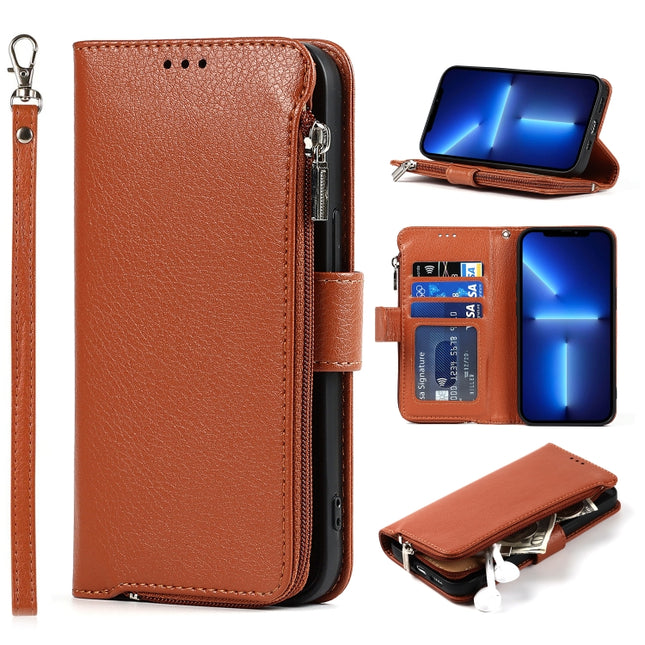 Microfiber Zipper Horizontal Flip Leather Case with Holder & Card Slots & Wallet For iPhone 13 Pro(Brown)-garmade.com