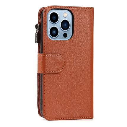 Microfiber Zipper Horizontal Flip Leather Case with Holder & Card Slots & Wallet For iPhone 13 Pro(Brown)-garmade.com
