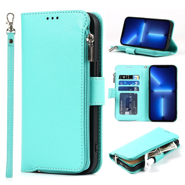 Microfiber Zipper Horizontal Flip Leather Case with Holder & Card Slots & Wallet For iPhone 13 Pro(Mint Green)-garmade.com