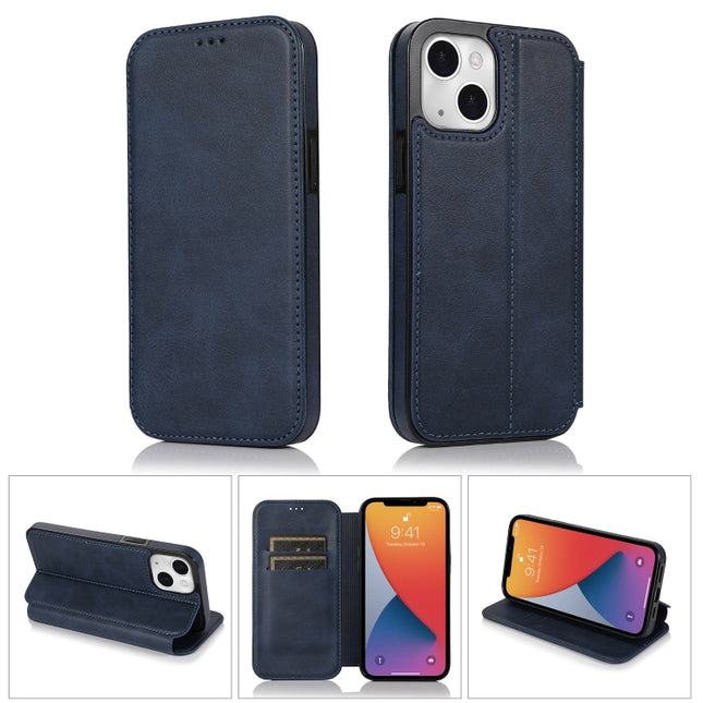 Strong Magnetic Closure PU + TPU Leather Case with Card Slots & Holder For iPhone 13 mini(Blue)-garmade.com