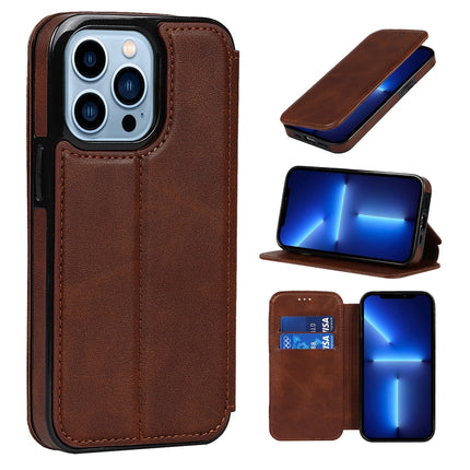 Strong Magnetic Closure PU + TPU Leather Case with Card Slots & Holder For iPhone 13 Pro(Brown)-garmade.com