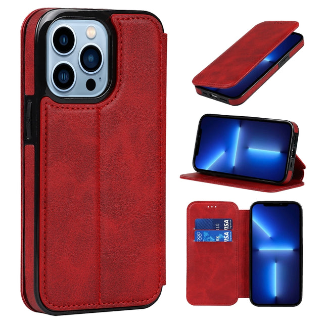 Strong Magnetic Closure PU + TPU Leather Case with Card Slots & Holder For iPhone 13 Pro(Red)-garmade.com