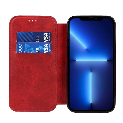 Strong Magnetic Closure PU + TPU Leather Case with Card Slots & Holder For iPhone 13 Pro(Red)-garmade.com