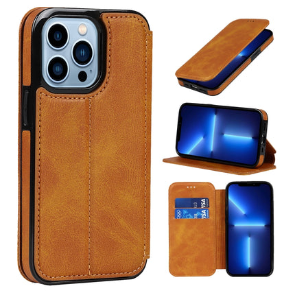 Strong Magnetic Closure PU + TPU Leather Case with Card Slots & Holder For iPhone 13 Pro(Khaki)-garmade.com