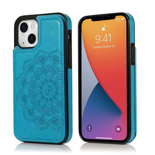 Double Buckle Mandala Pattern PU+TPU Protective Case with Card Slots & Holder & Photo Frame For iPhone 13 mini(Blue)-garmade.com