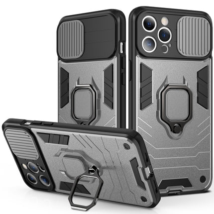 Sliding Camera Cover Design TPU + PC Shockproof Case with Ring Holder For iPhone 13 Pro(Grey)-garmade.com