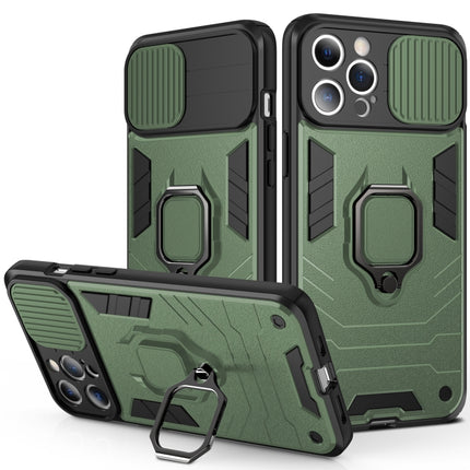 Sliding Camera Cover Design TPU + PC Shockproof Case with Ring Holder For iPhone 13 Pro(Dark Green)-garmade.com