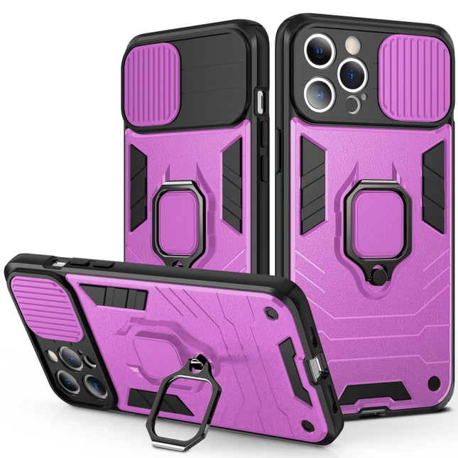 Sliding Camera Cover Design TPU + PC Shockproof Case with Ring Holder For iPhone 13 Pro(Purple)-garmade.com