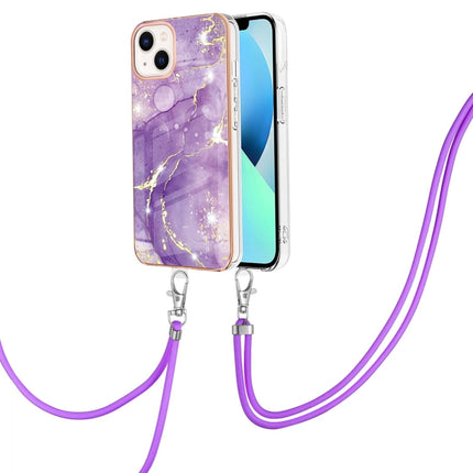 Electroplating Marble Pattern IMD TPU Shockproof Case with Neck Lanyard For iPhone 13 mini(Purple 002)-garmade.com