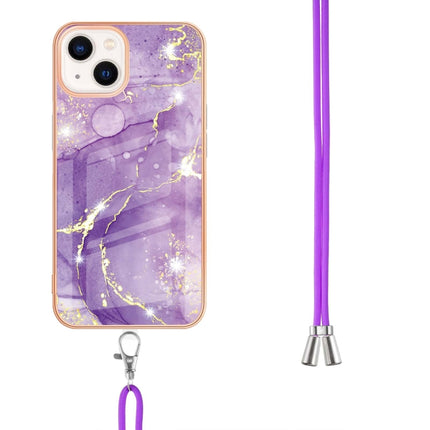 Electroplating Marble Pattern IMD TPU Shockproof Case with Neck Lanyard For iPhone 13 mini(Purple 002)-garmade.com