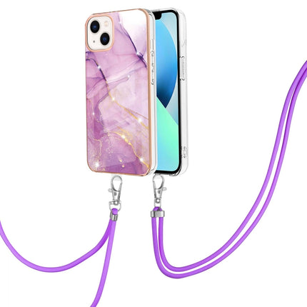 Electroplating Marble Pattern IMD TPU Shockproof Case with Neck Lanyard For iPhone 13 mini(Purple 001)-garmade.com