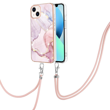 Electroplating Marble Pattern IMD TPU Shockproof Case with Neck Lanyard For iPhone 13 mini(Rose Gold 005)-garmade.com