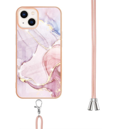 Electroplating Marble Pattern IMD TPU Shockproof Case with Neck Lanyard For iPhone 13 mini(Rose Gold 005)-garmade.com