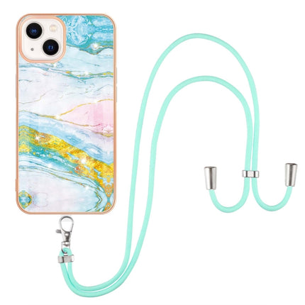 Electroplating Marble Pattern IMD TPU Shockproof Case with Neck Lanyard For iPhone 13 mini(Green 004)-garmade.com